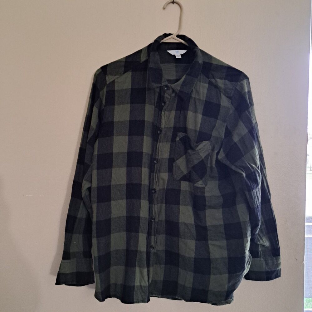 Time and Tru Women's Flannel Green Plaid Long Sleeve Shirt Size L (12-14)